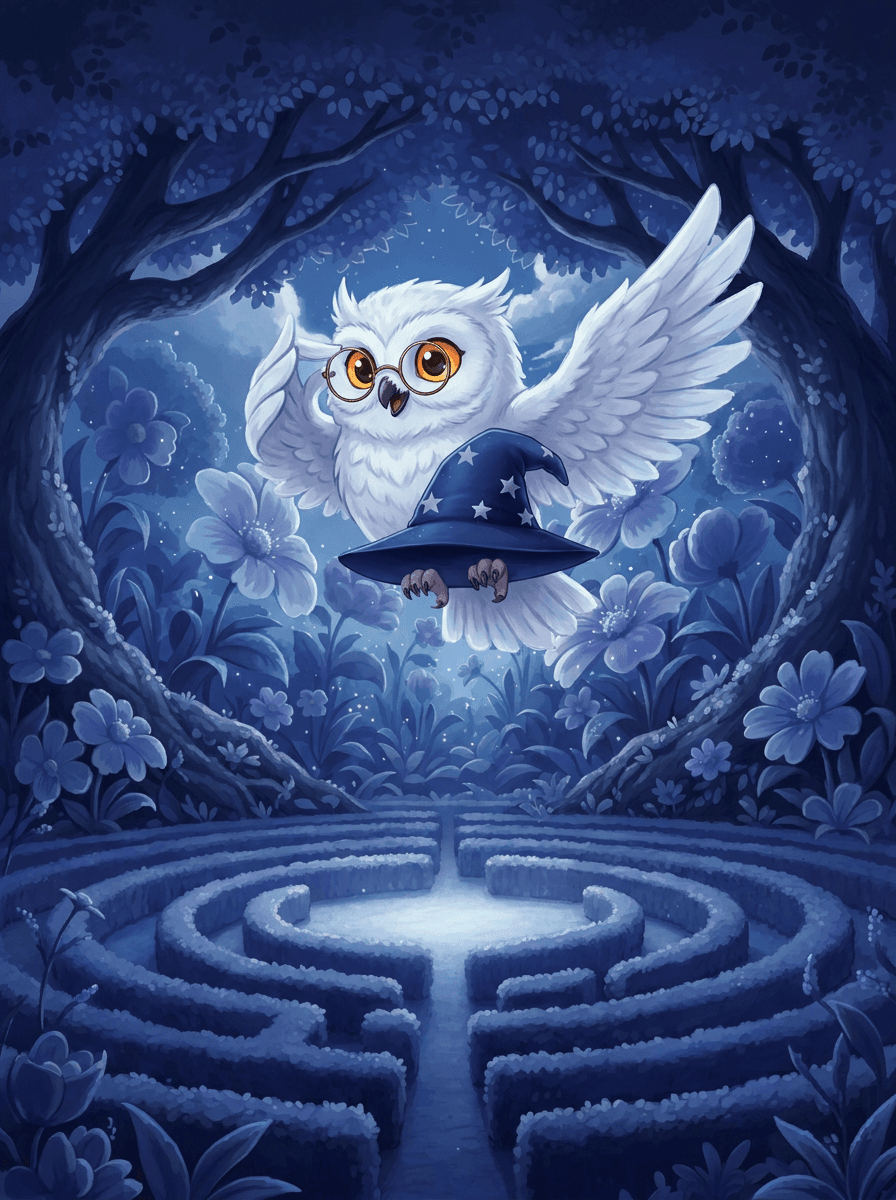 Bufnița Luna cu pălărie de vrăjitor explorând labirintul misterios sub clar de lună.