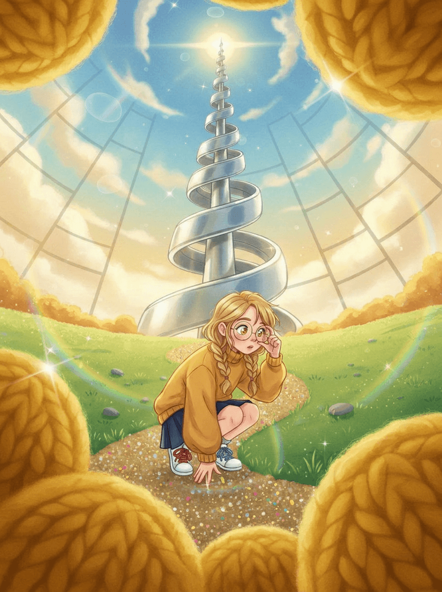 La petite détective Ema examine le sol avec sa loupe magique.
