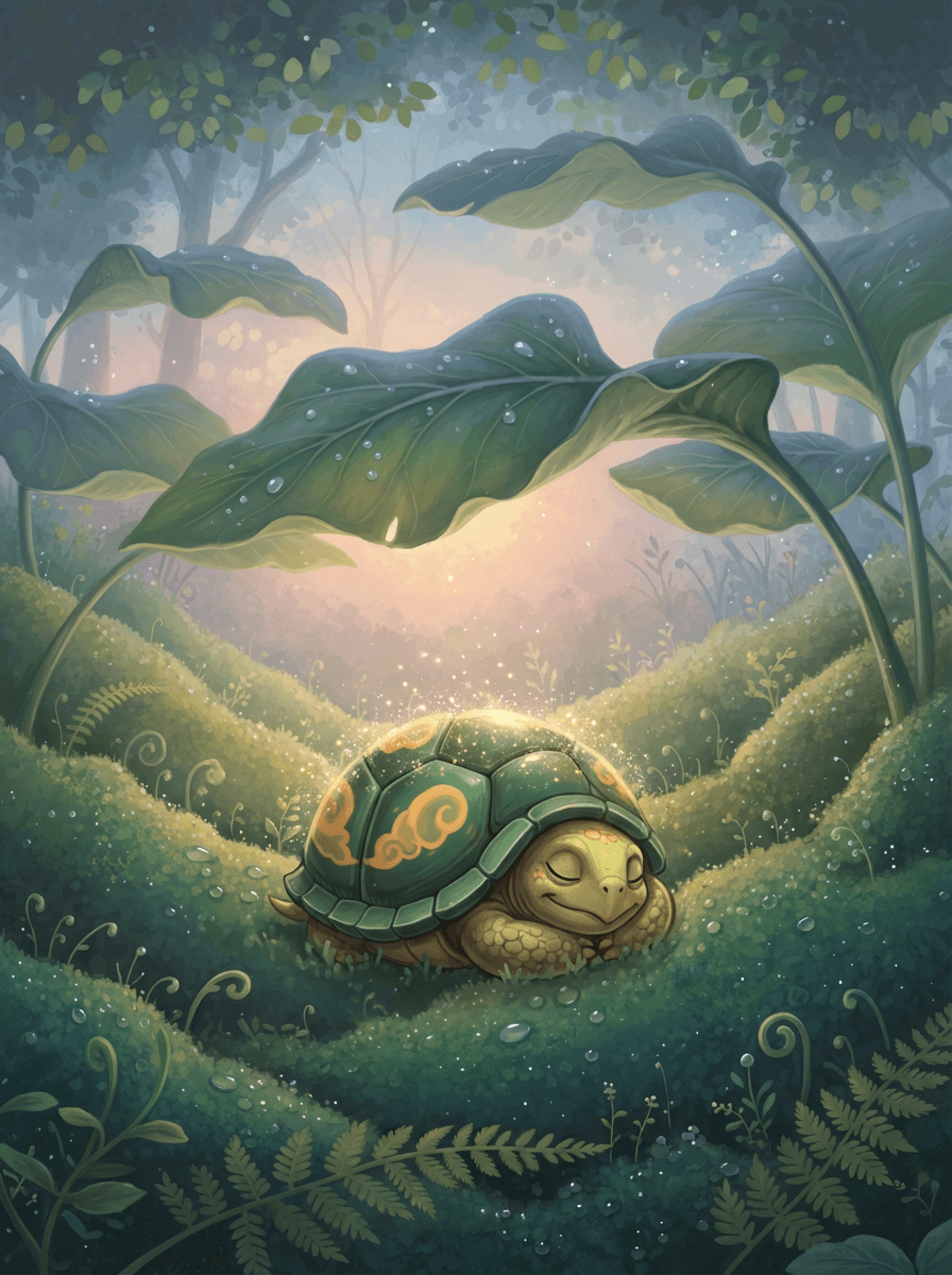 Máma Želva ukládá malou Pomalenku ke spánku v měkkém zeleném mechu.