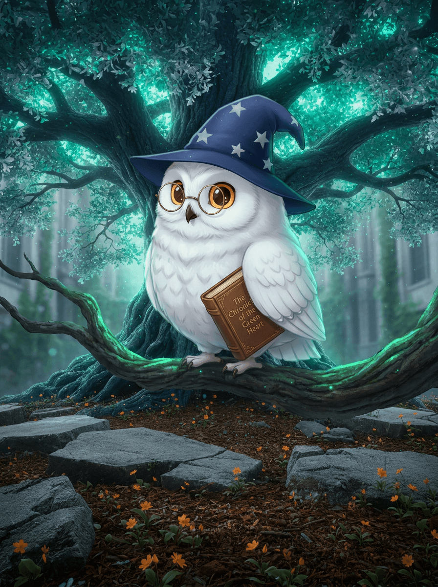 A wise white owl wears glasses and a hat in an oak tree.
