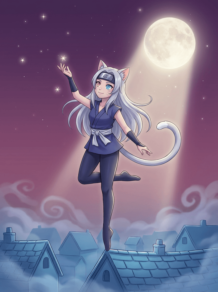 Shiki the ninja cat girl balances on a moonlit rooftop under stars.