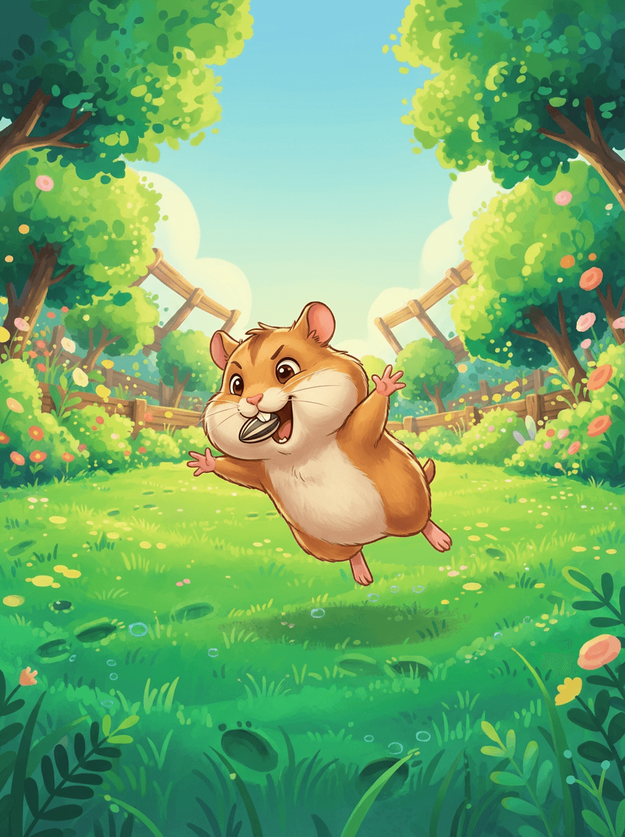 Pip the tiny hamster goalie leaping through grass in a sports stadium.