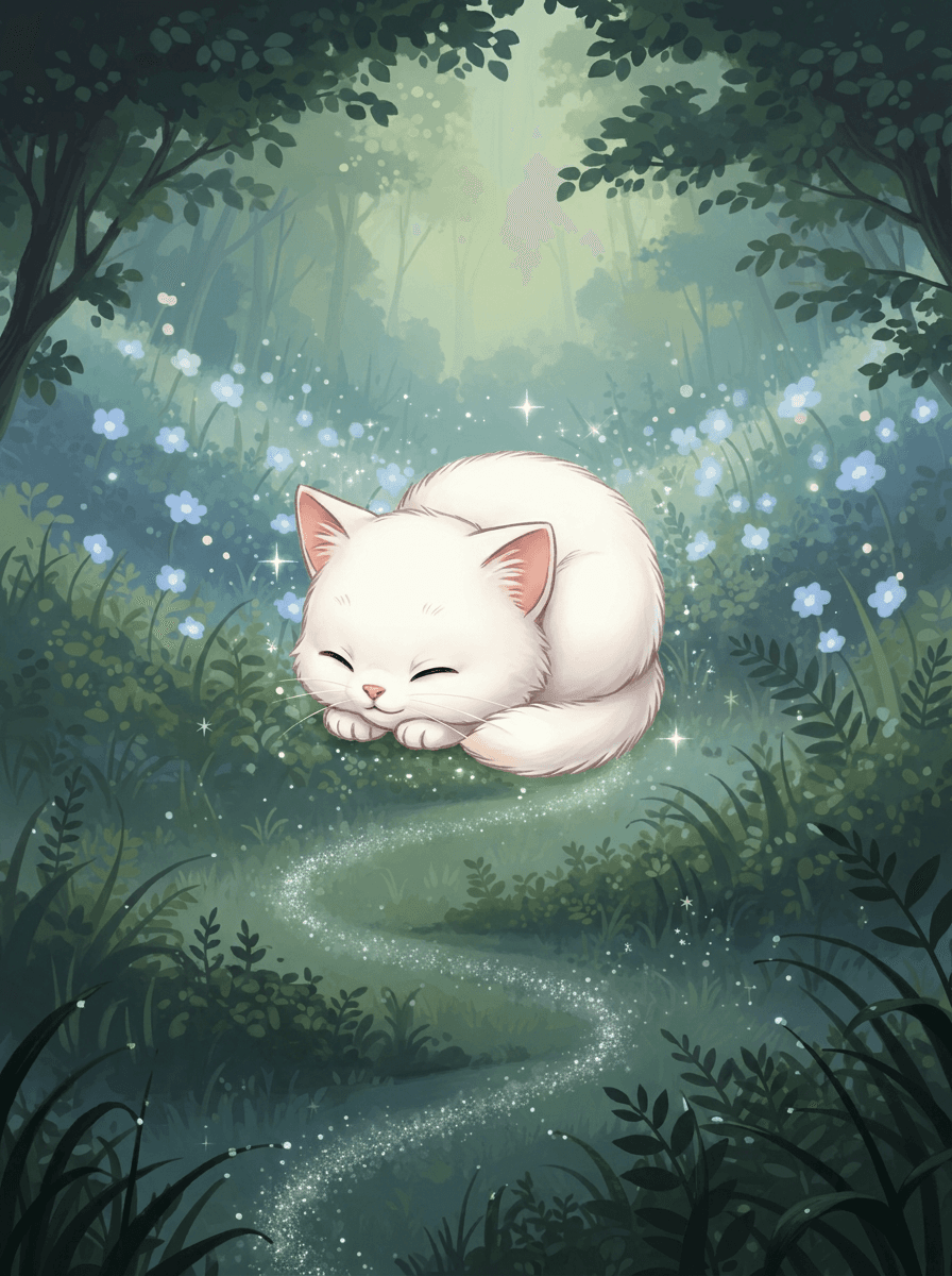 Fluffy kitten Mici follows silver fairy dust into a glowing flower meadow.