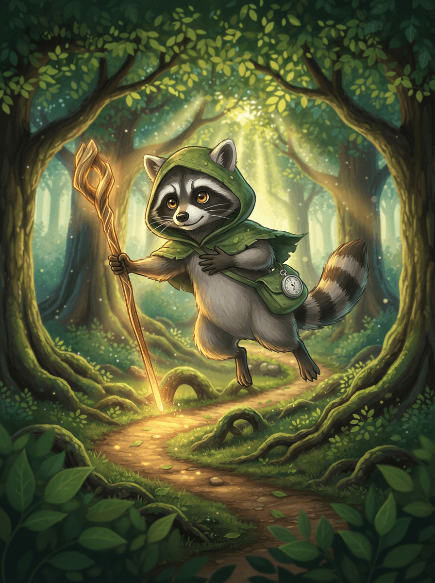 Raccoon el mapache con capucha y bastón mágico en un bosque encantado.