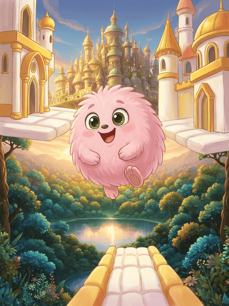 Pink bouncy Fluffy climbing iridescent rainbow bubbles toward a golden cloud city.