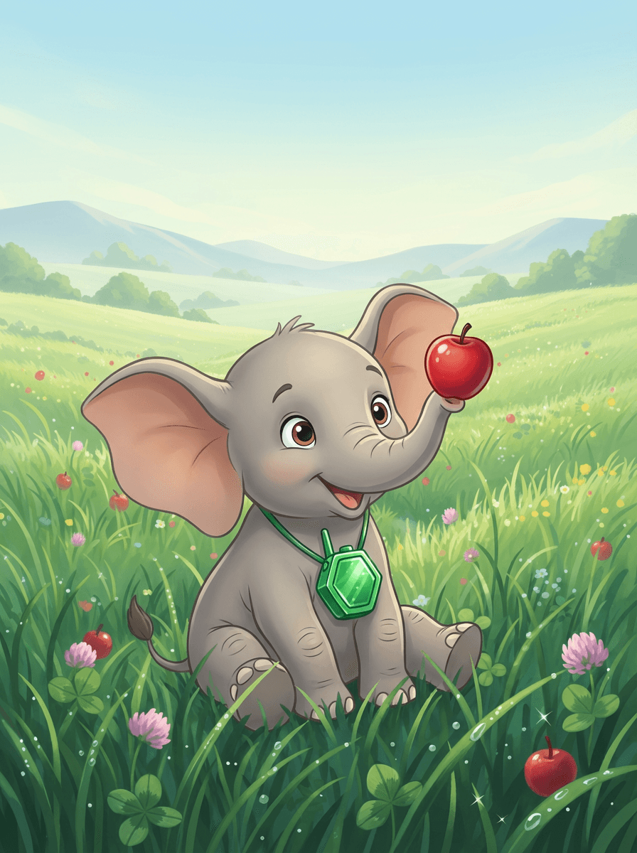 Žirafa Lola vyhlíží ztracené jablíčko na slunné louce vedle slůněte Bamba.