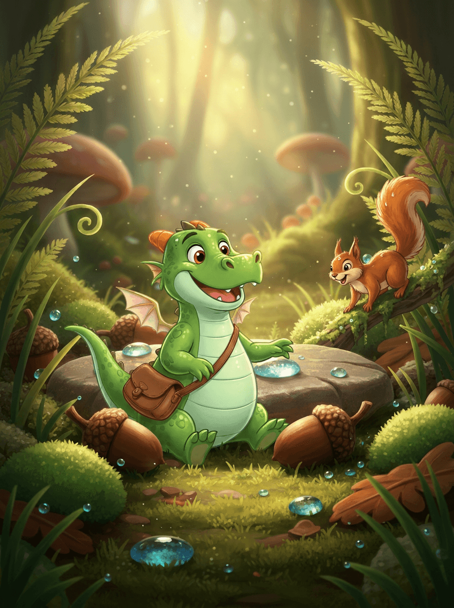 Zog the green dragon creates a nature collage in a mossy forest.