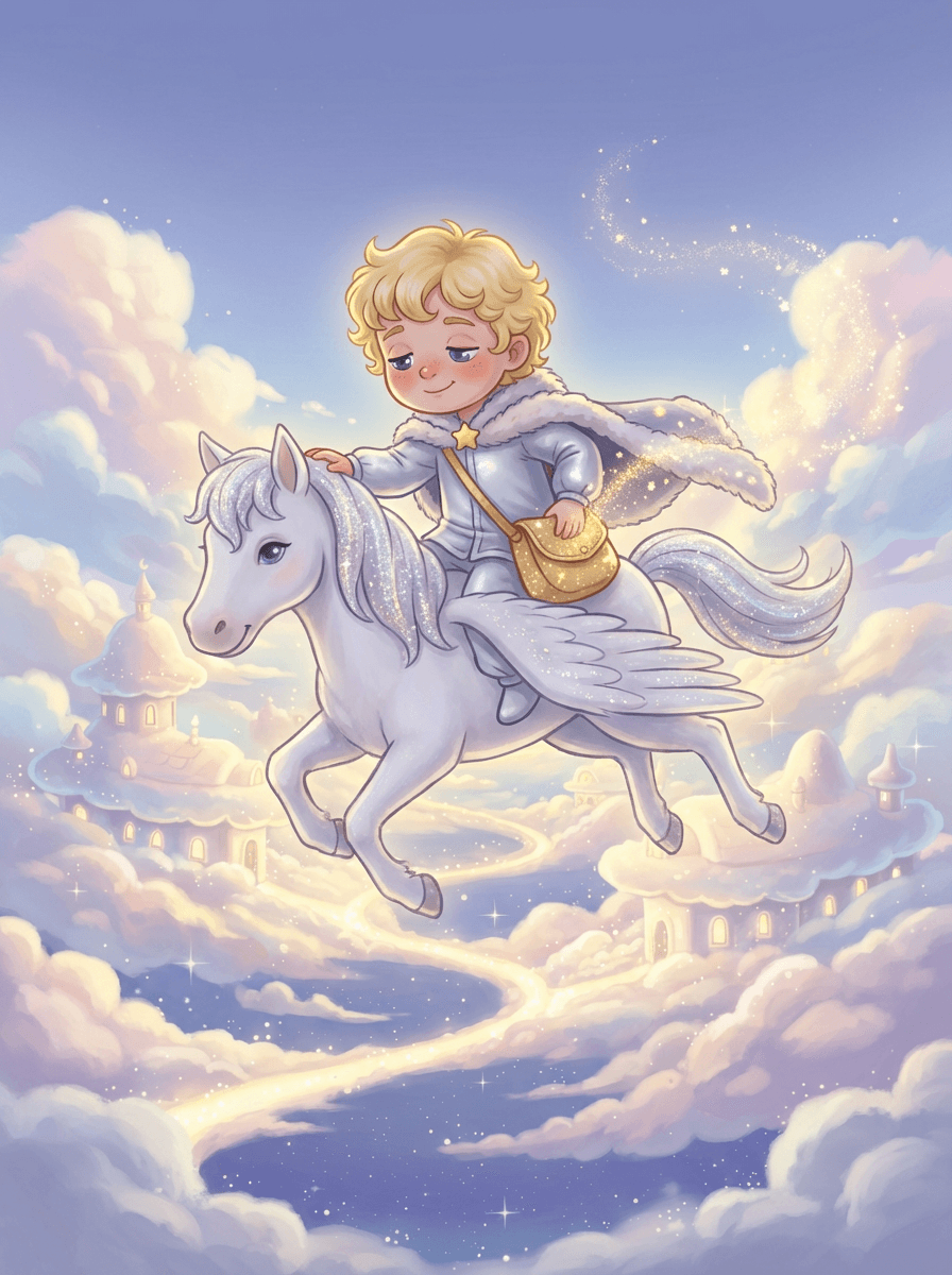 Sir Lullaby and Puf the pegasus soaring through the marshmallow-fluff Cloud Kingdom.