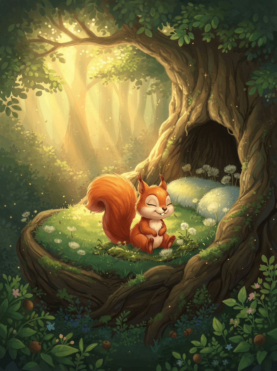 Veverka Terka s huňatým ocasem odpočívá v útulném mechovém pelíšku v dutině.