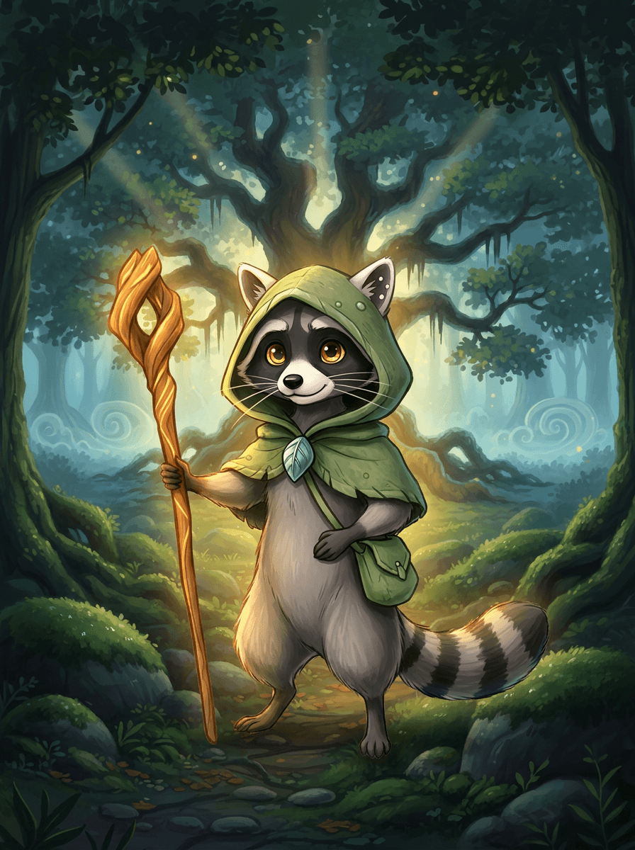 Mýval Raccoon s čarovnou palicou kráča k Začarovanému potoku v lese.
