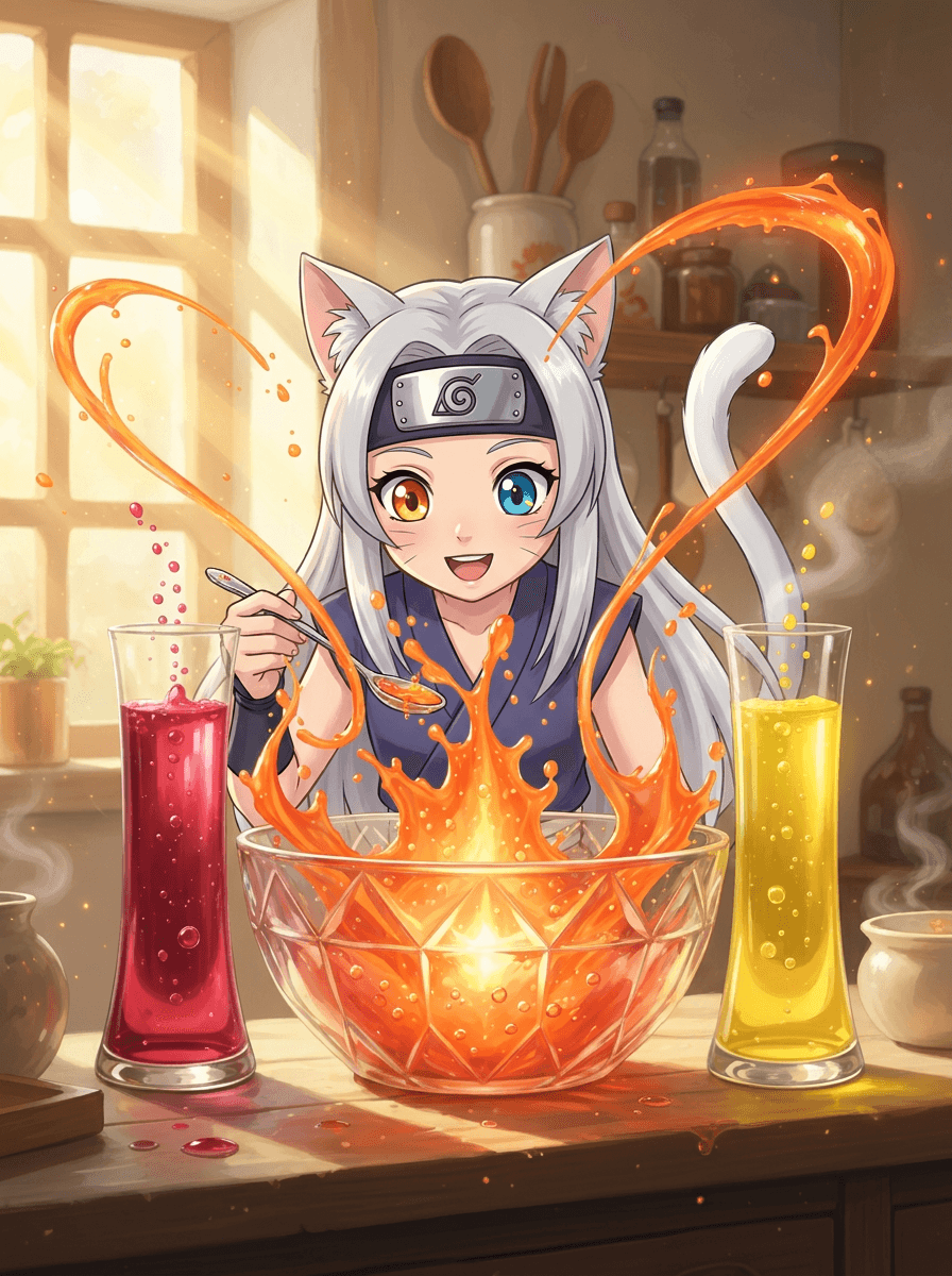 Ninja-katten Shiki i køkkenet med glas af rød og gul saft.