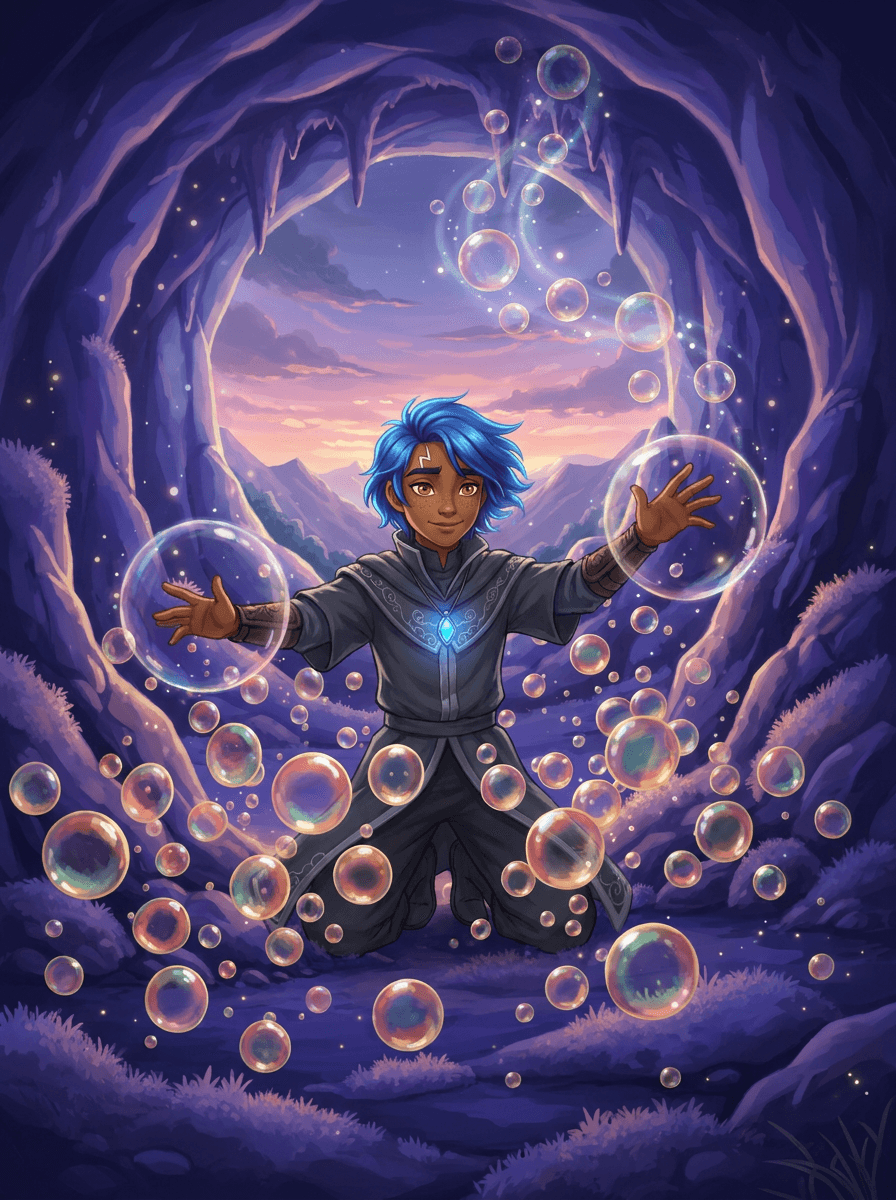 Blue-haired Ryu and tiny dragon Flicker in a cave with magical bubbles.