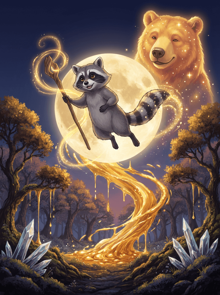 Енот Raccoon в зеленом капюшоне с волшебным посохом летит к Луне.