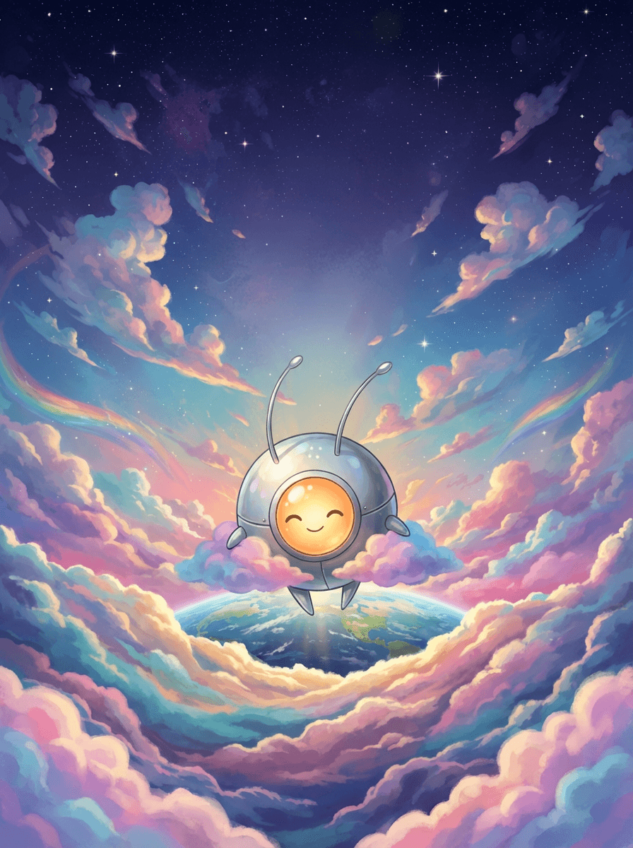 Vesmírná loďka Píp s duhovou dekou uprostřed hvězdné mlhoviny.