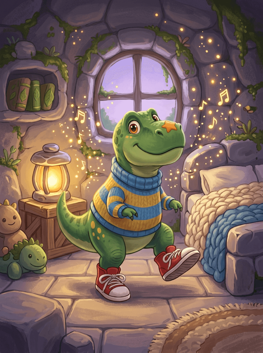 Dino Rex in zijn streeptrui bij zijn dansende rode schoenen.