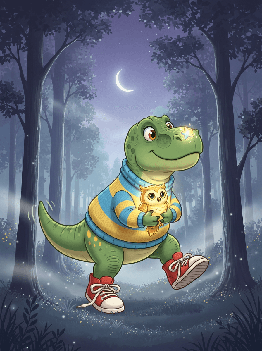 Dino Rex im Streifenpulli hält eine leuchtende Mondlaterne im Nebelwald.