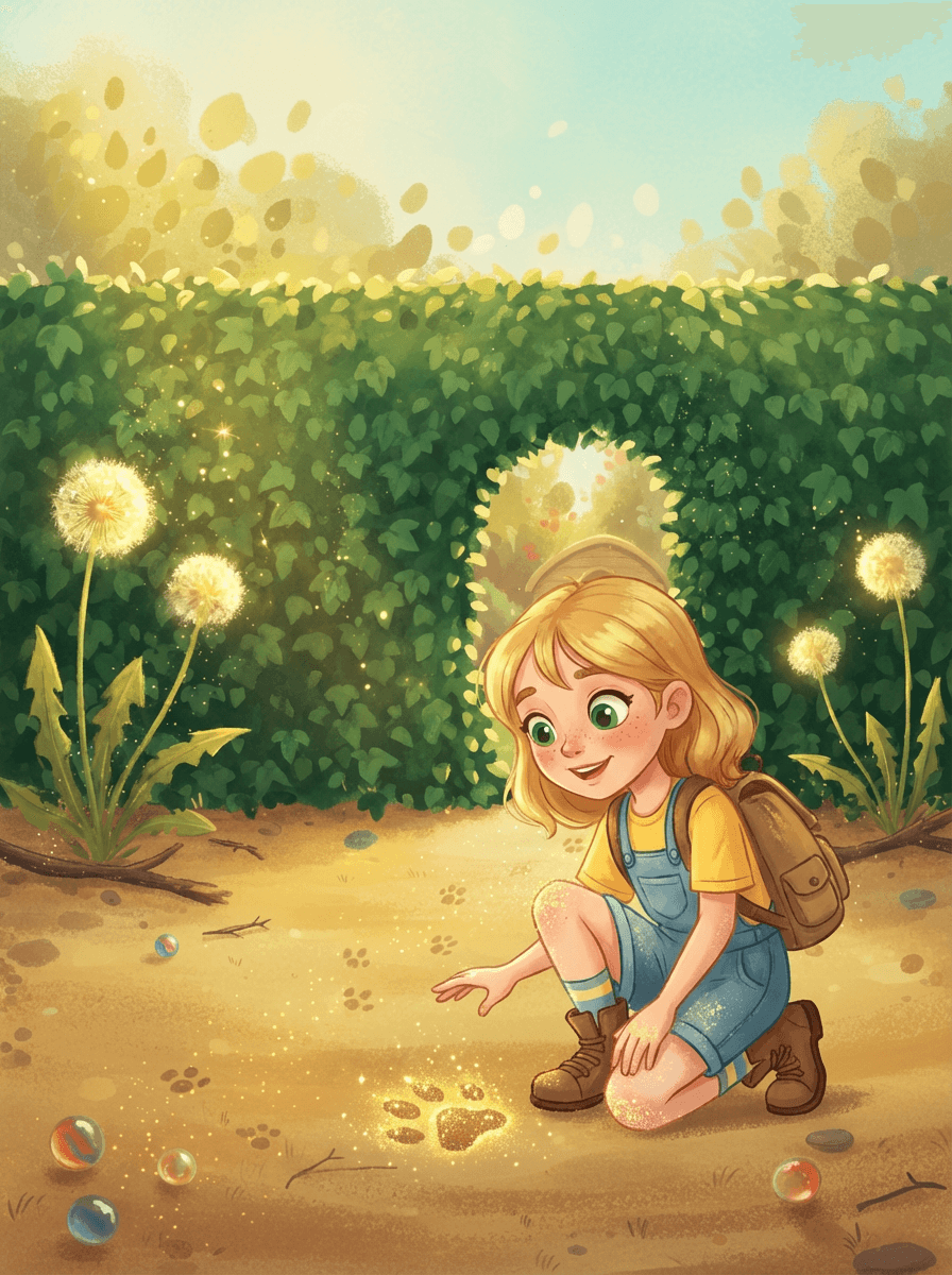 Eliška a Marek sledují zářící králičí stopy vedoucí k tajemnému domečku.