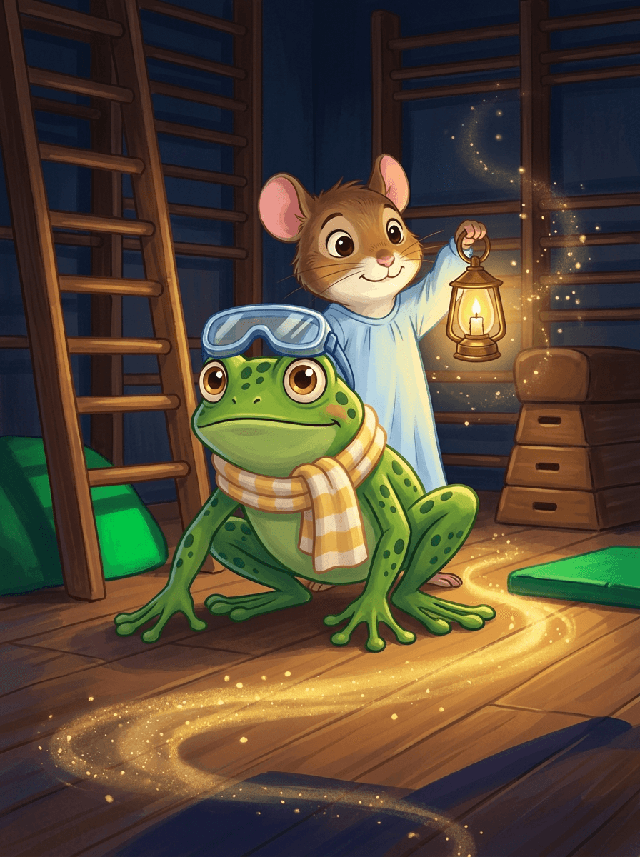 Kiki a Pip s lampášom pátrajú v tmavej školskej šachte.