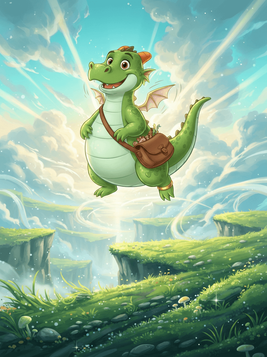 O dragão verde Zog com asinhas pequenas nas Falésias de Esmeralda Cintilante.