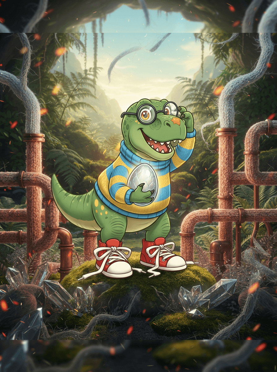 Rex-dinosaurus värikkäässä villapaidassa ja tennareissa katsoo kimaltavaa hopeista munaa.