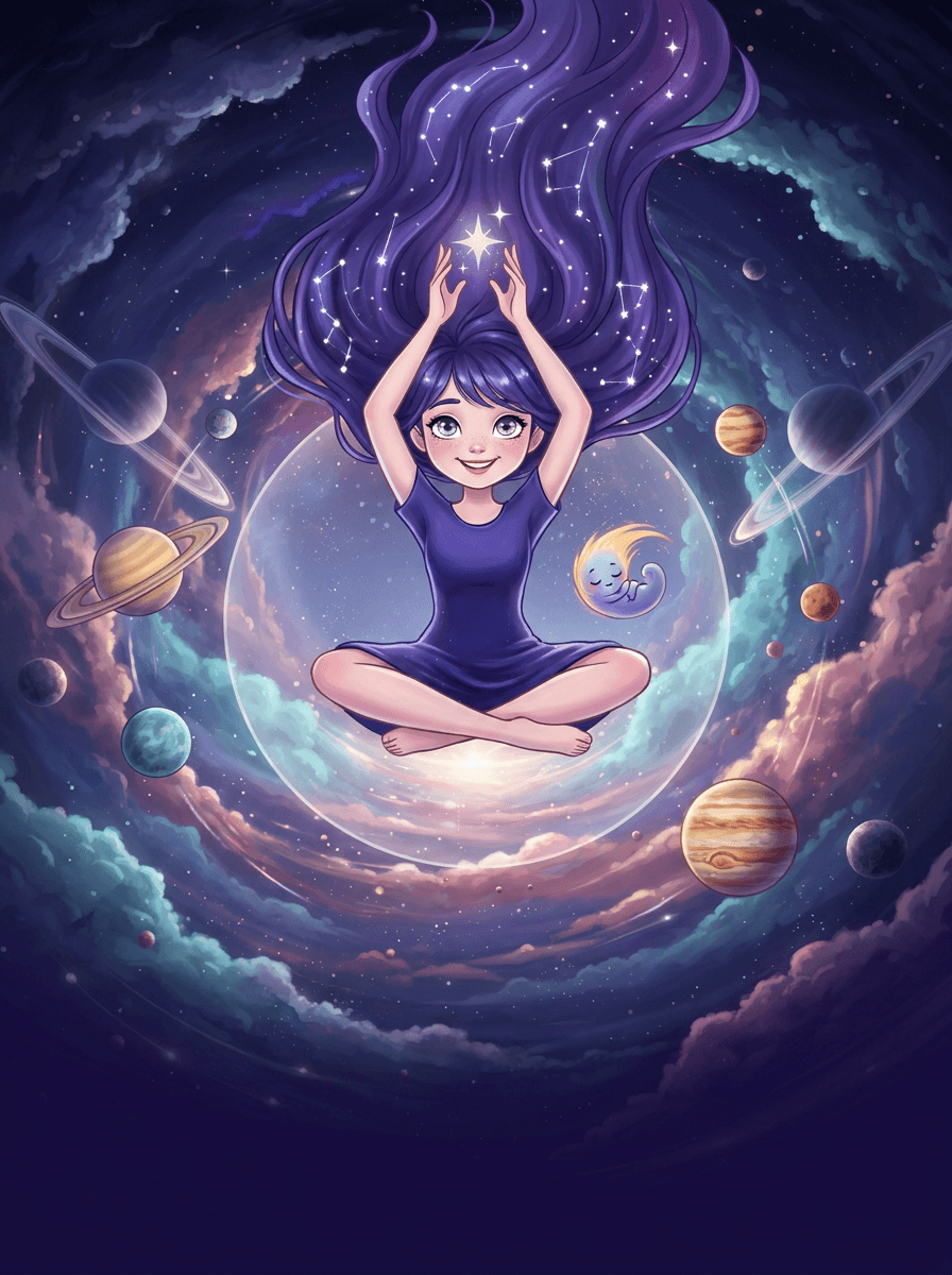 Nova la fille-étoile pratique le yoga parmi les planètes du système solaire.
