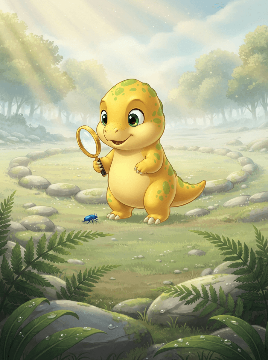 Dinosaurus Tonda s kouzelnou lupou zkoumá historickou stavbu prvního domečku.