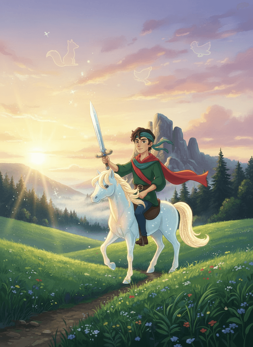 Udatný princ Bajaja na svém věrném mluvícím koni před královským zámkem.