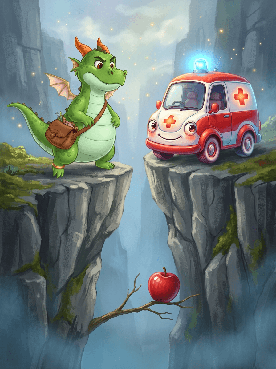 Drache Zog und Krankenwagen Viu am Rande der nebligen Schnarch-Schlucht.