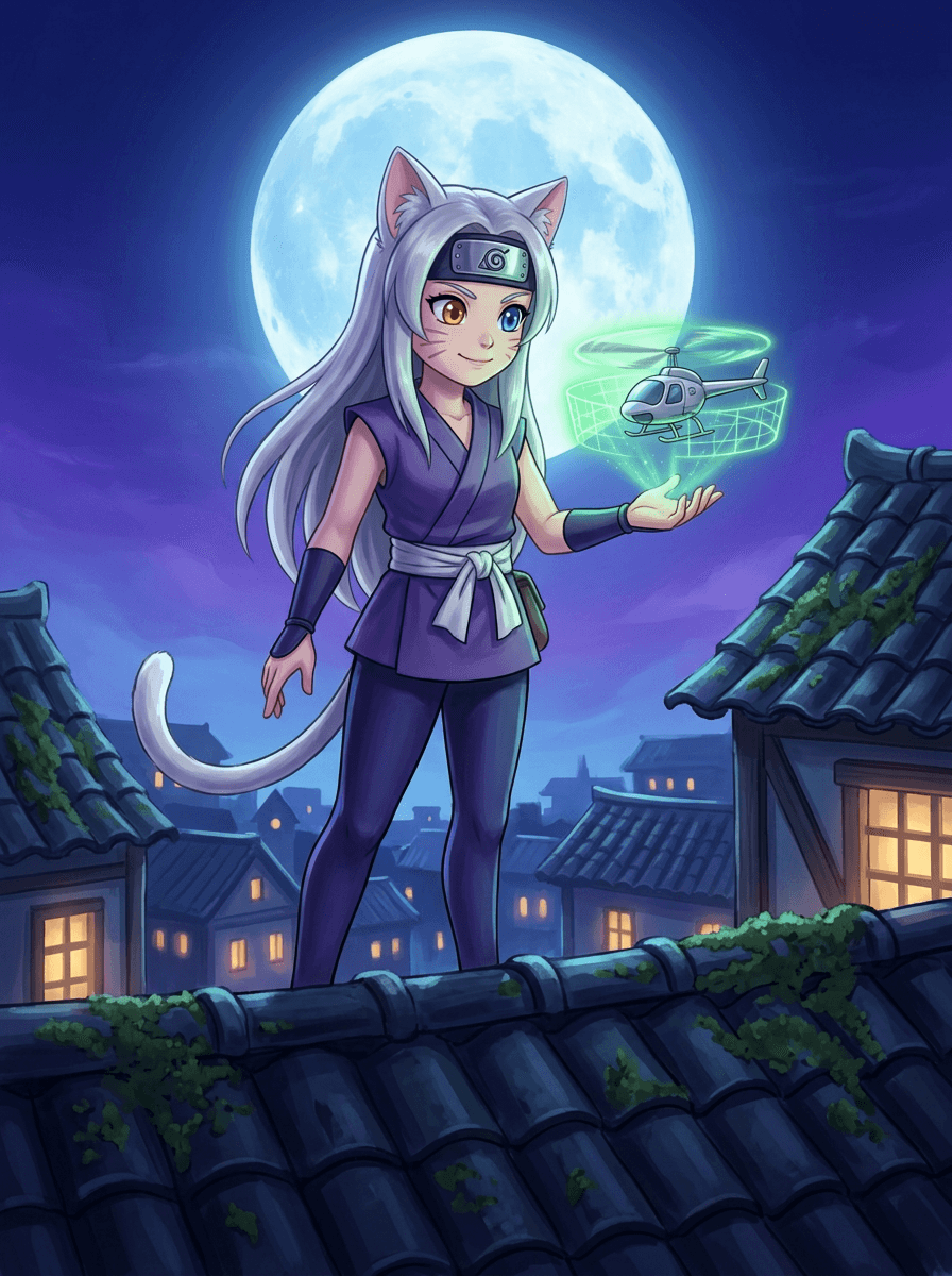 Ninja kočka Shiki a neviditelný vrtulník letí nad nočními střechami městských domů.