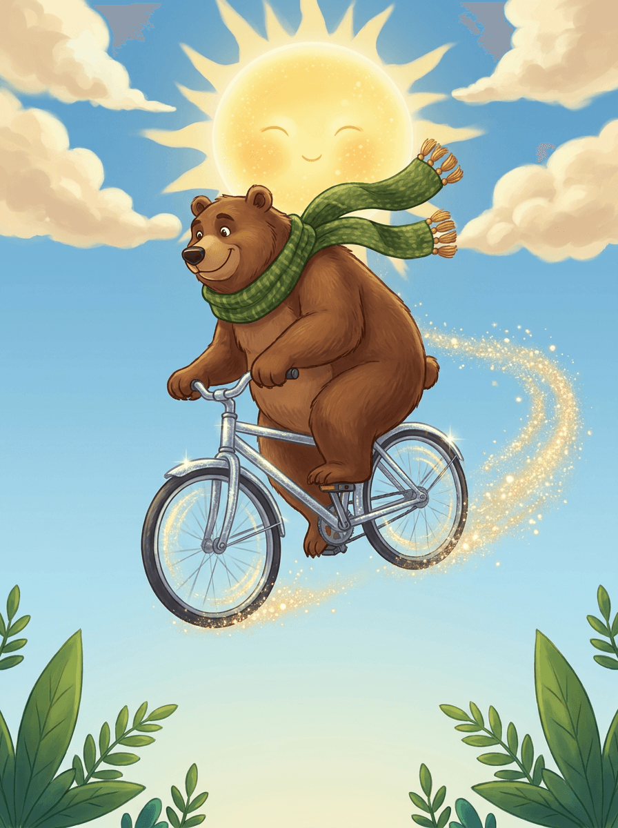 L'orso Bramble vola su una bicicletta d'argento tra nuvole di panna.