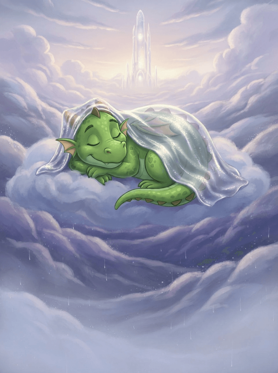 O pequeno dragão Zog descansa calmamente sobre nuvens em um castelo.