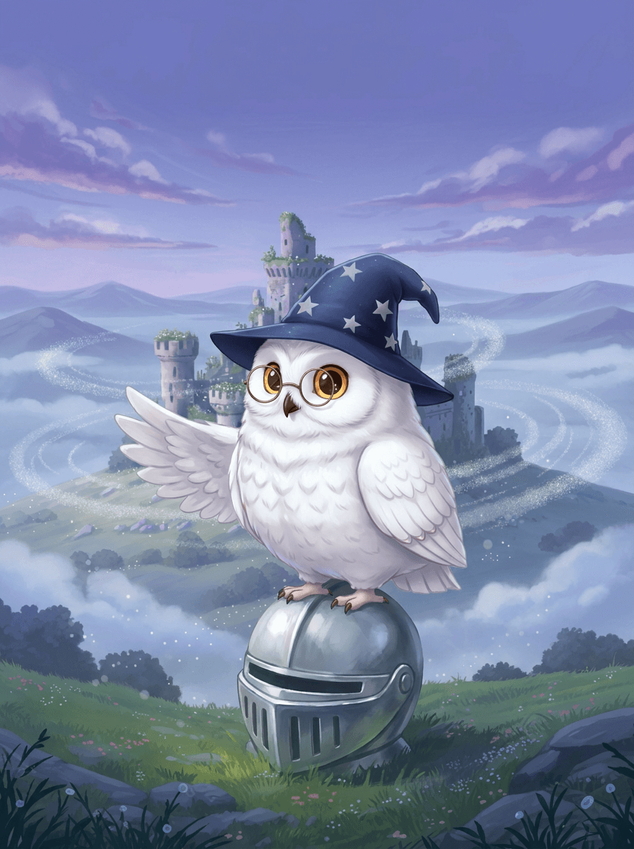 La petite chouette blanche Luna avec ses lunettes devant le Château Bleu.