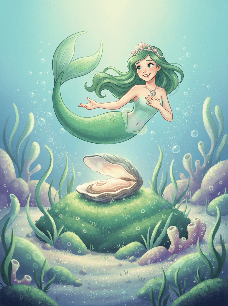Mina the mermaid gazes at a glowing pearl inside Coral Cove.