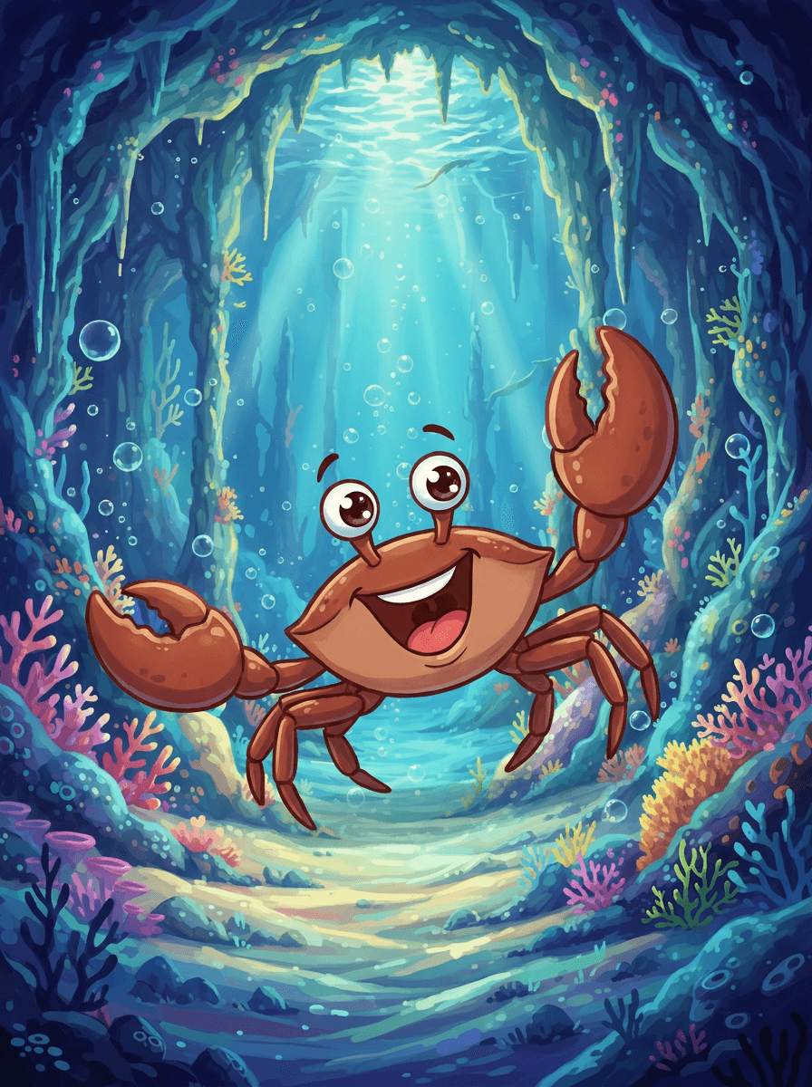 Krab Bruno s klepety tančí mezi mořskými pannami v barevné podmořské jeskyni.