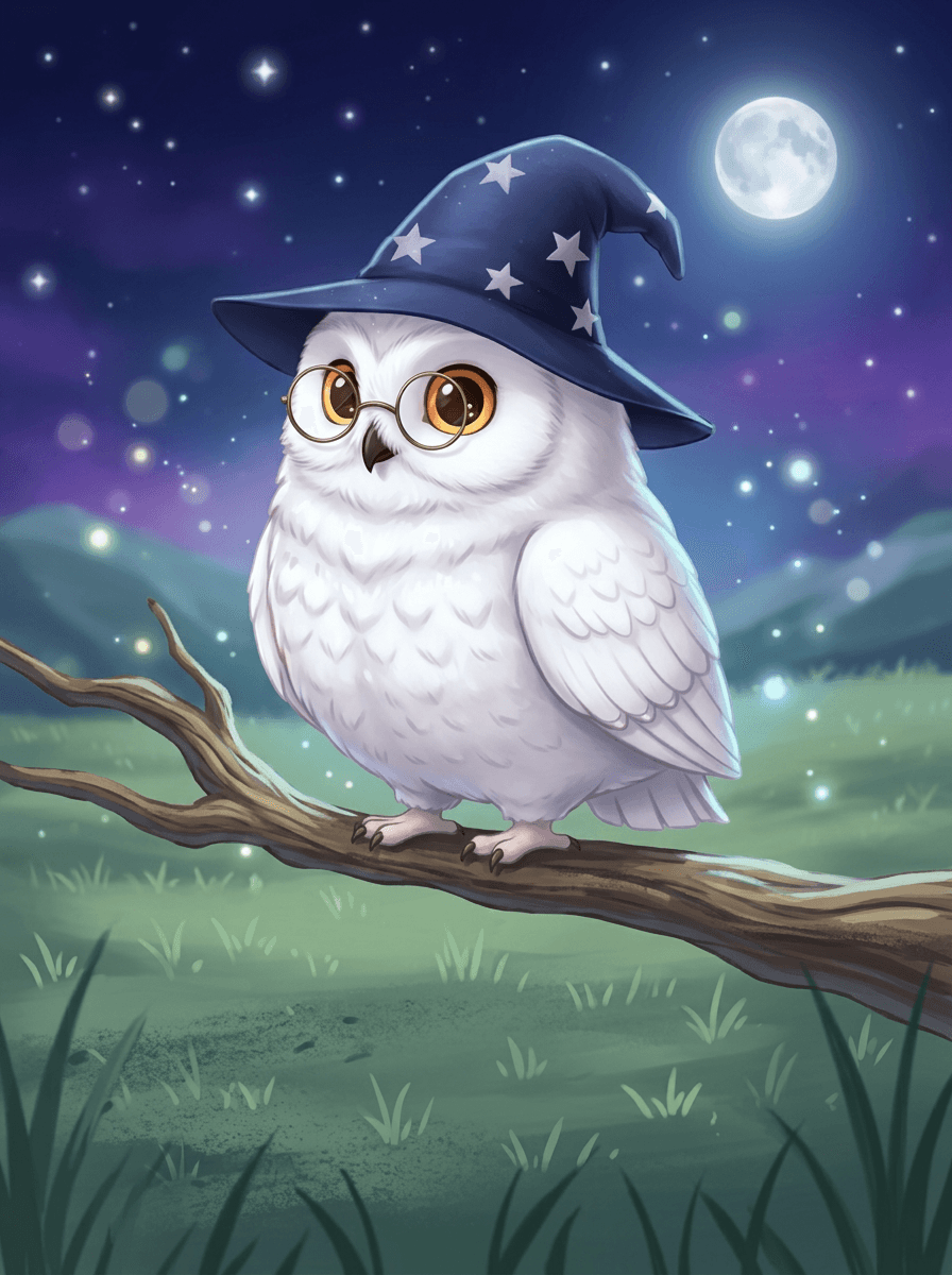 Bílá sova Luna s brýlemi letí nad noční rozkvetlou loukou.