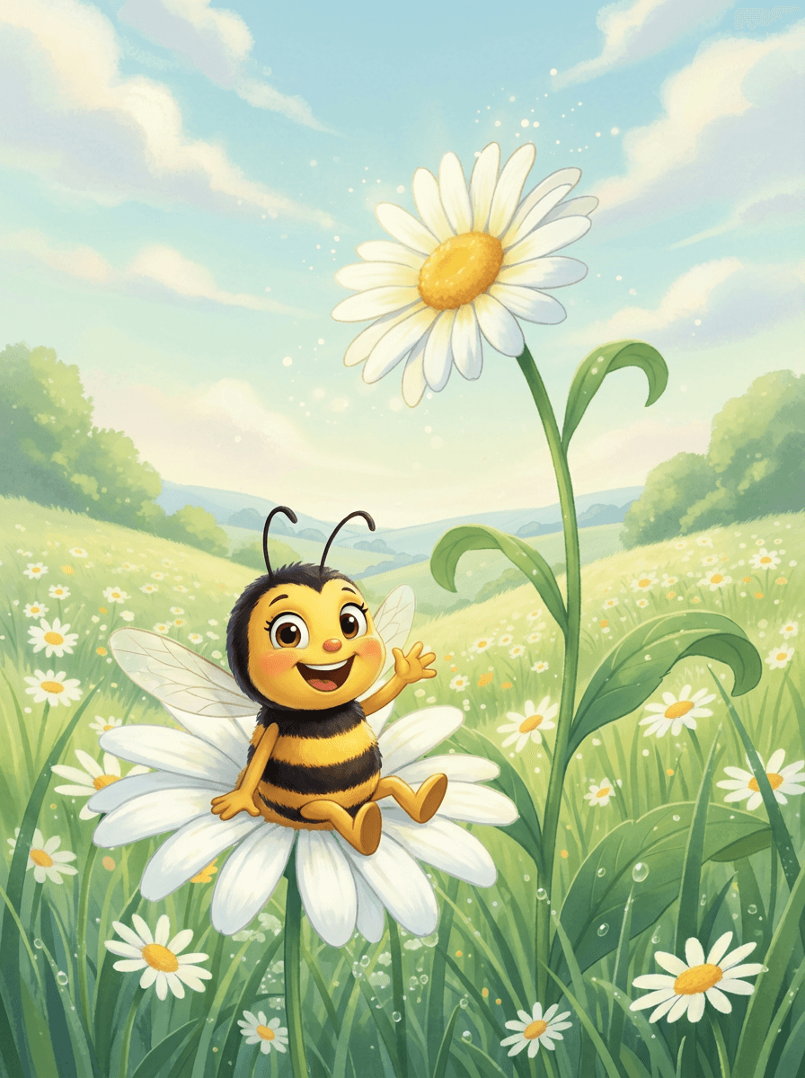 Včelka Mája statečně sedí na vrcholu vysoké kopretiny uprostřed rozkvetlé louky.