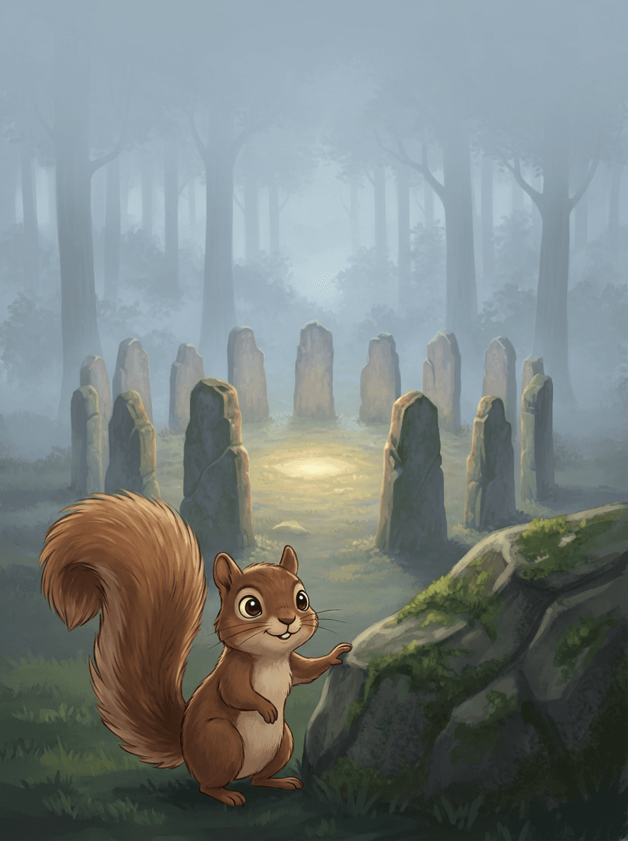 Luna the owl overlooks ancient humming stones in the Deep Woods setting.