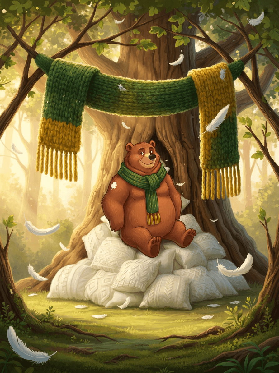 Bramble the bear builds a scarf catapult for his forest friends.