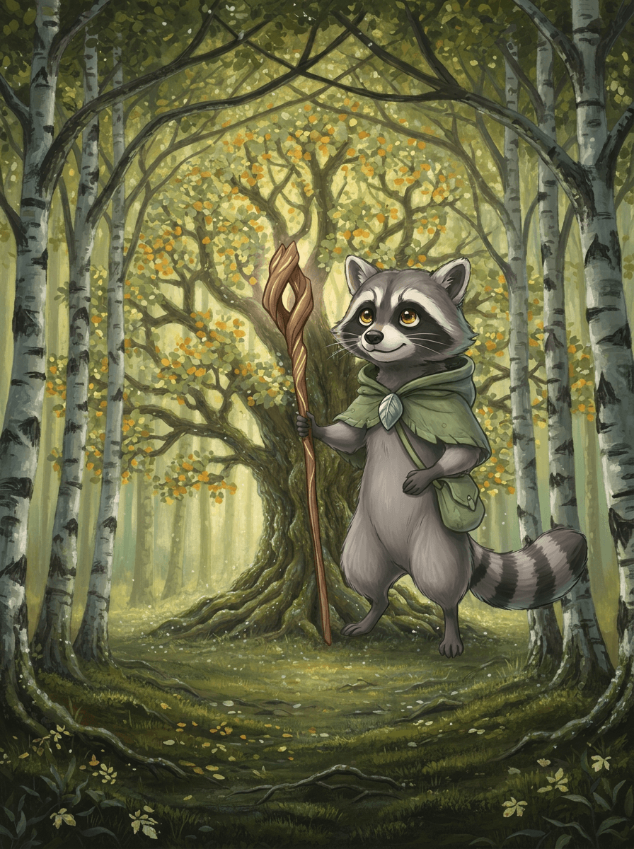 Енот Raccoon в капюшоне с деревянным посохом в магическом лесу.