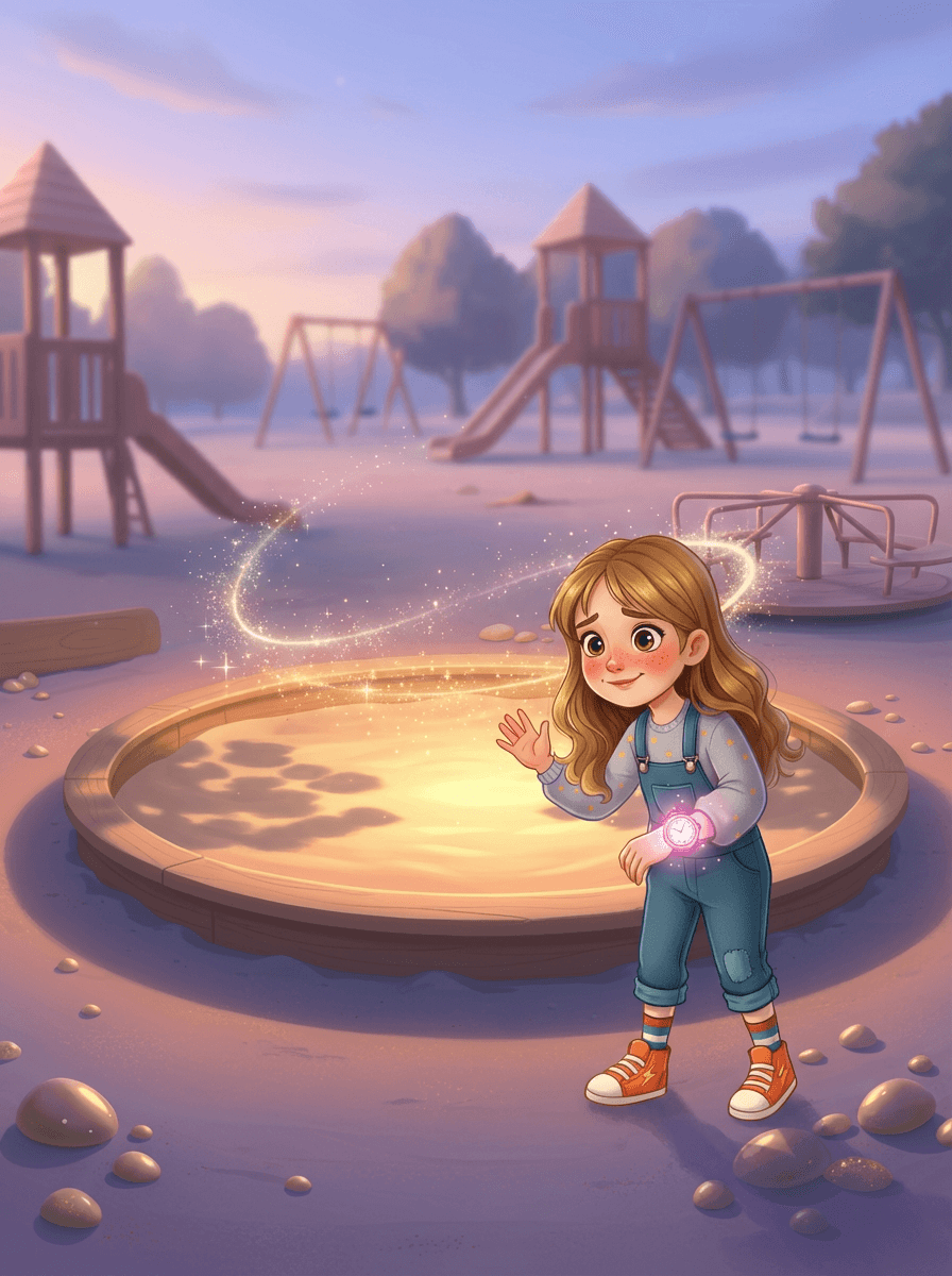 Terezka s mluvícími hodinkami Tick-Tock na dětském hřišti u pískoviště.