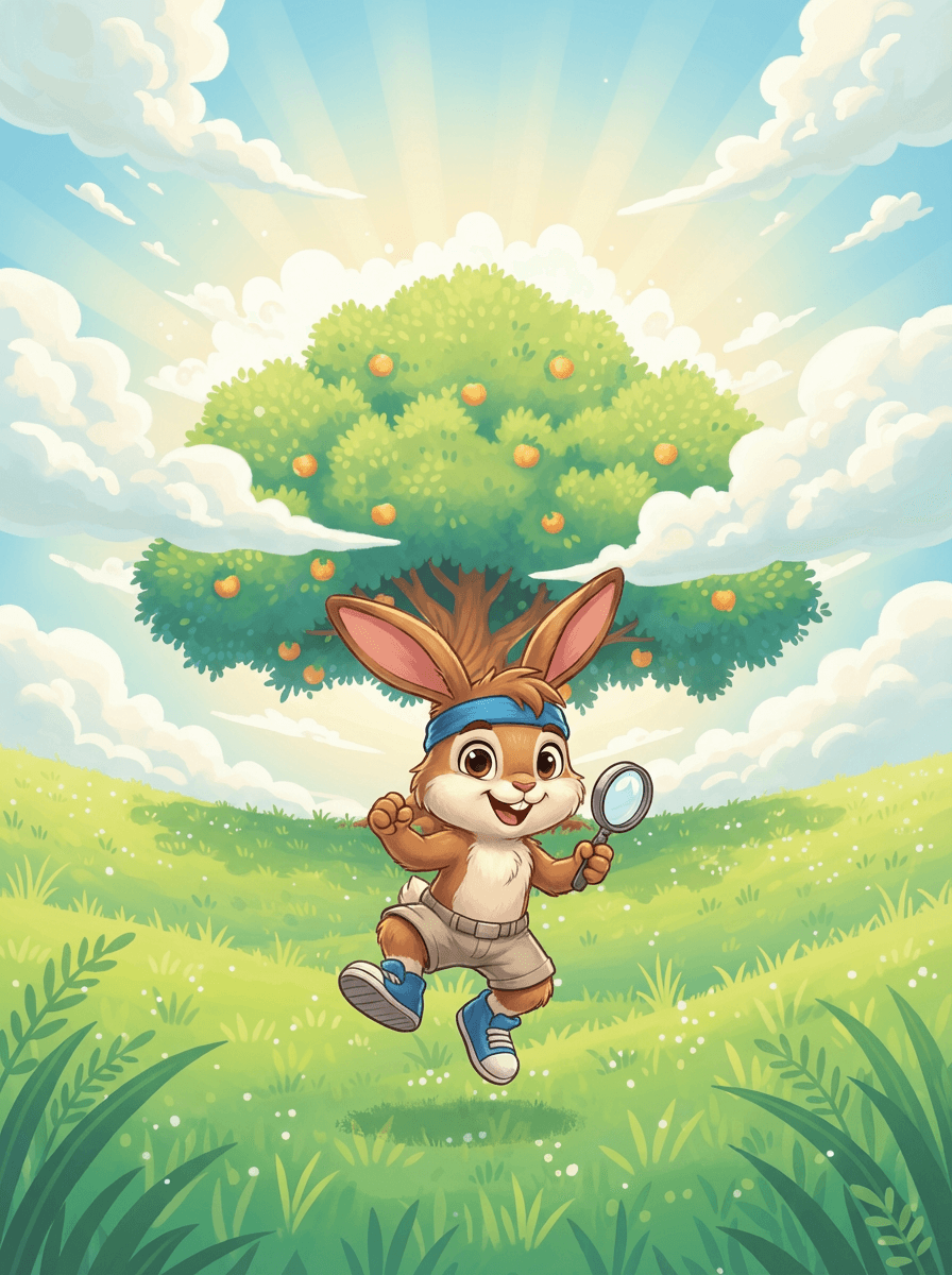 Barnaby the bunny wearing a blue sweatband jumping toward a large apple tree.