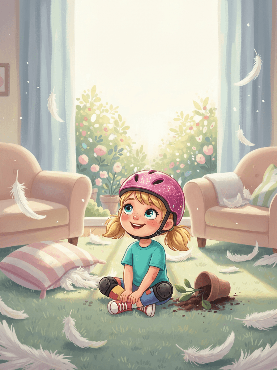 Holčička Laurinka s růžovou helmou a její veselá banda psů a koček.