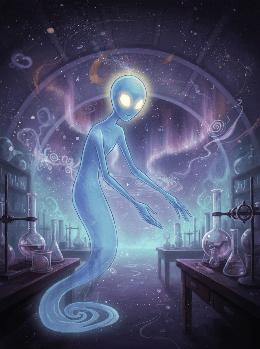 Ollo, modrý průsvitný strážce se zářícíma očima, stojí v temné školní chodbě.