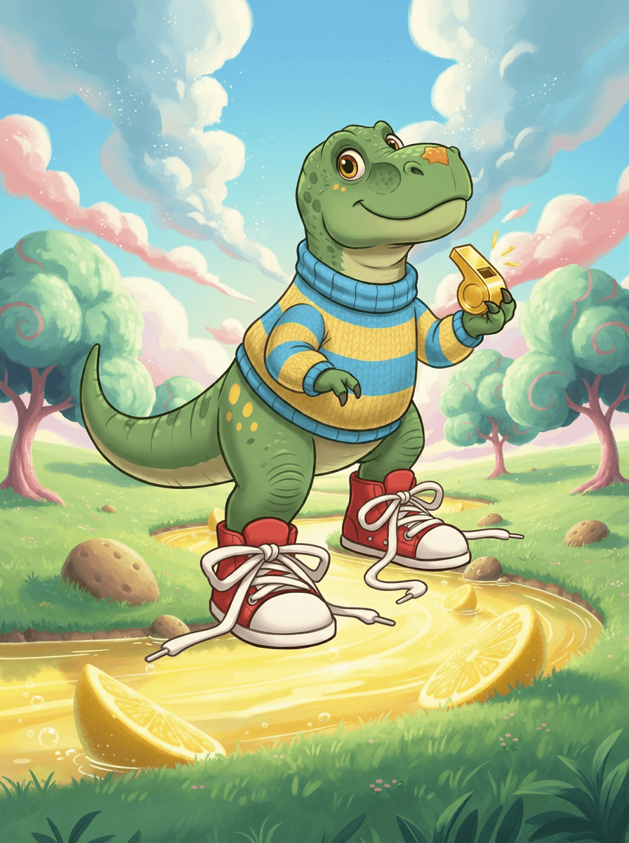 Dinozaurul Rex purtând un pulover cu dungi și ghete roșii explorând valea.