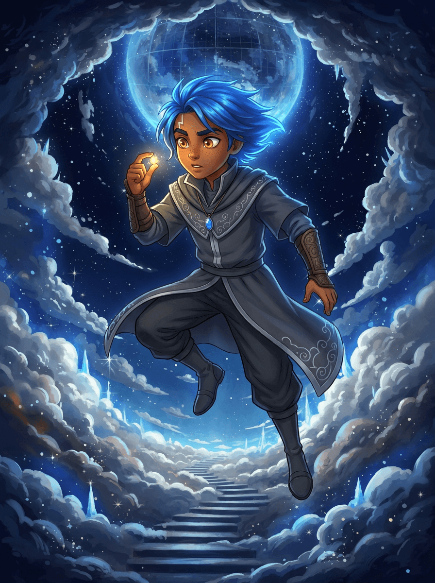 Ryu with glowing blue hair climbs invisible cloud stairs in the dark sky.