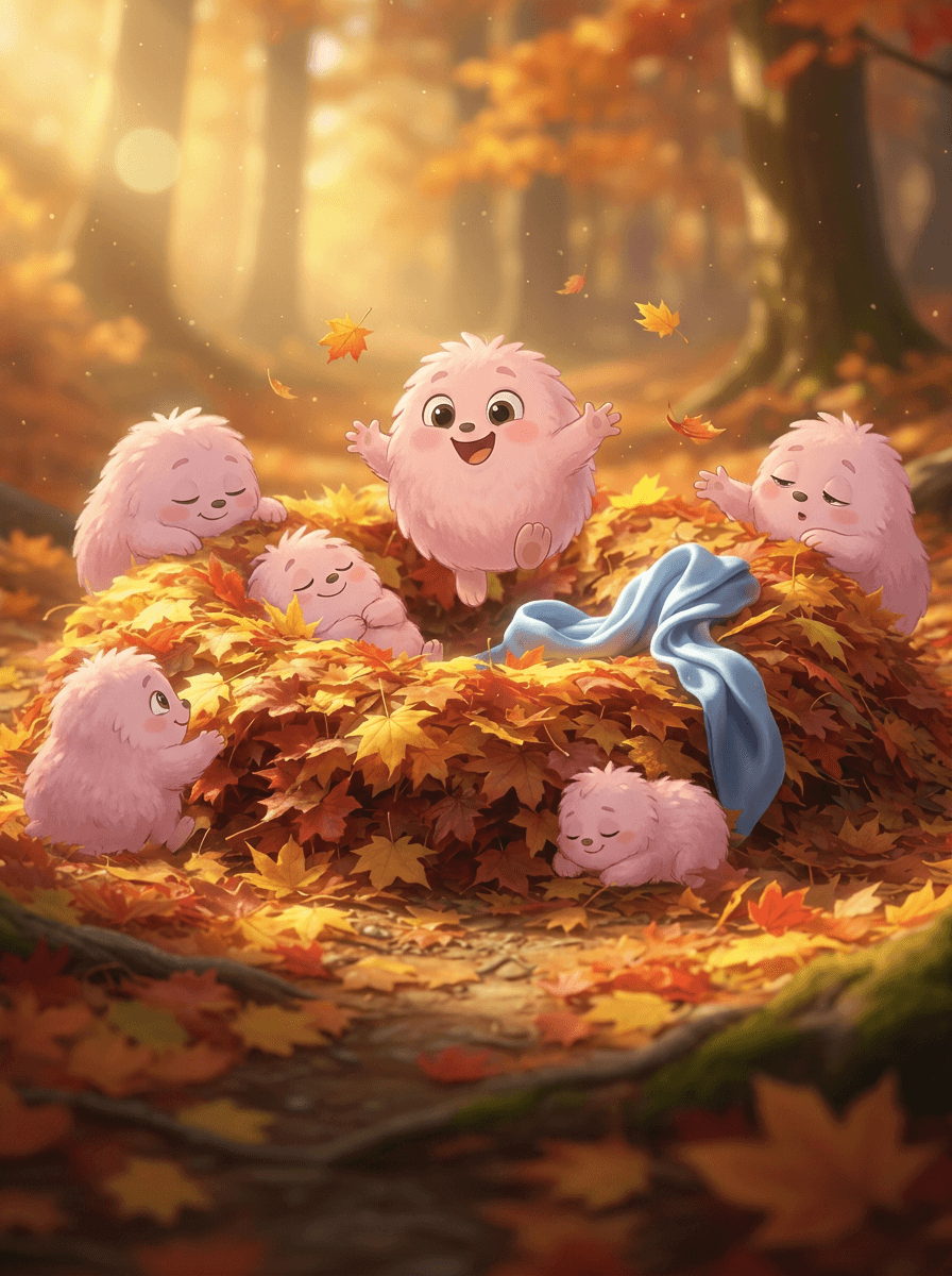 Den lille lyserøde Fluffy samler farverige efterårsblade i den store skov.