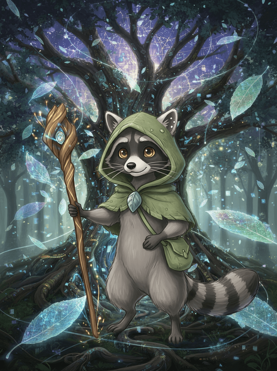Wasmantel Raccoon met zijn magische lichtstaf in de boomhutschool in het bos.