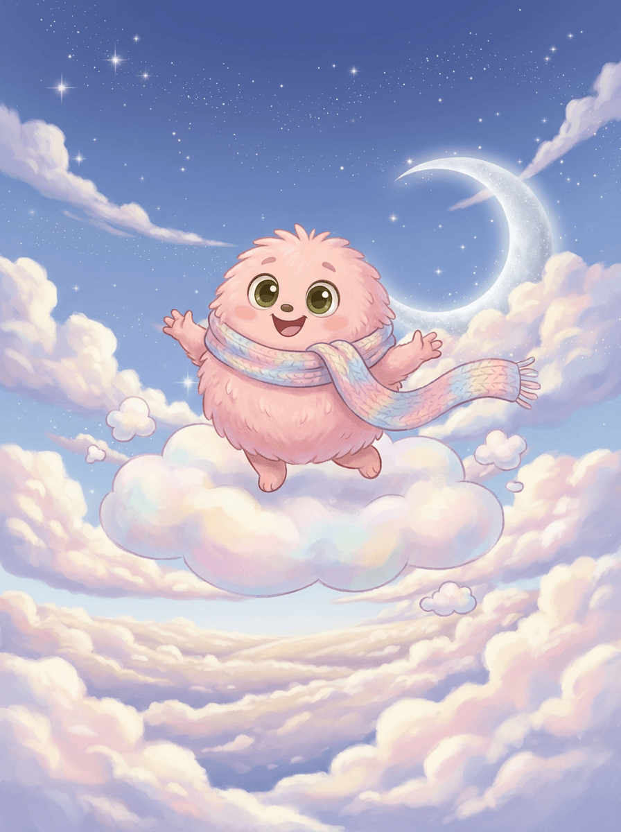 Rosa Fluffy hoppar på mjuka marshmallowmoln mot en lysande månskära.