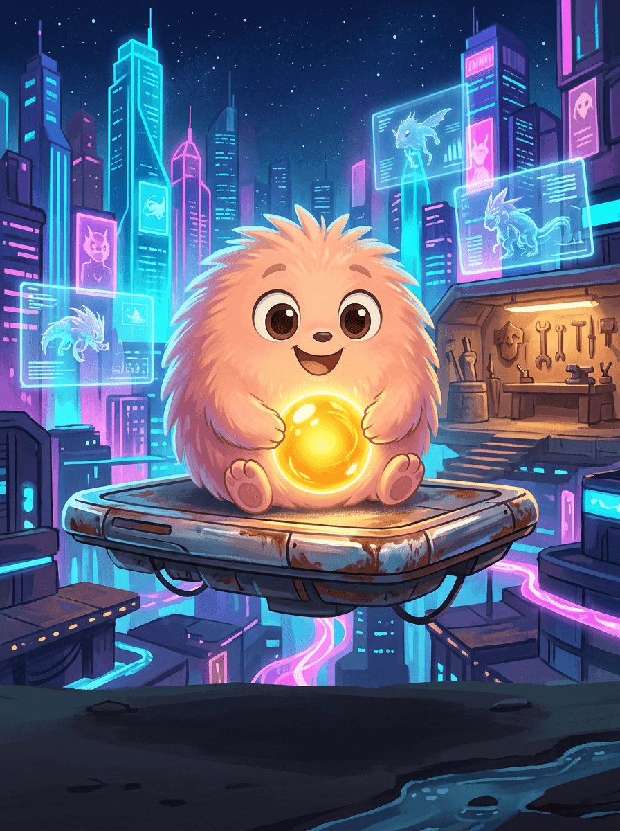 Fluffy de armadura metálica em uma arena futurista de ficção científica.