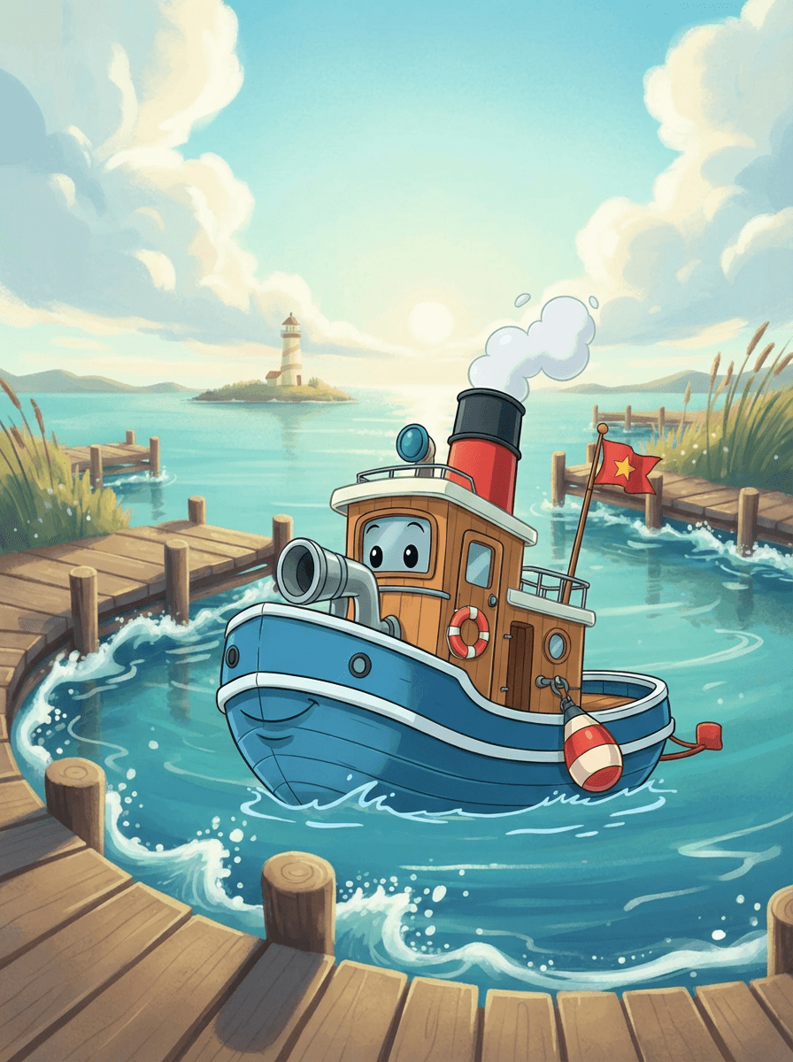 Brave Toby the Tugboat navigating the colorful waters of Giggle-Glug Harbor.